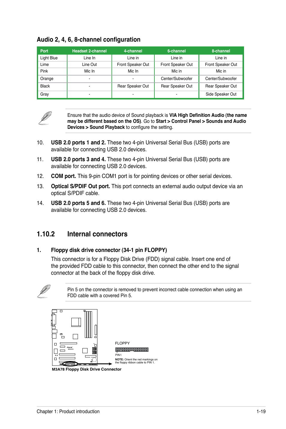 2 internal connectors, 2 internal connectors -19, Audio 2, 4, 6, 8-channel configuration | Asus M3A78 User Manual | Page 29 / 58