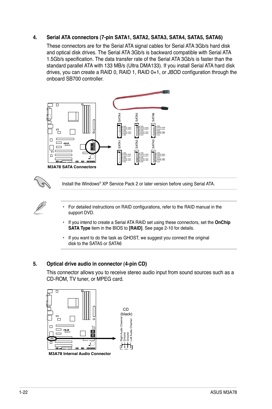 Install the windows, M3a78 sata connectors, M3a78 internal audio connector cd (black) | Asus M3A78 User Manual | Page 32 / 58