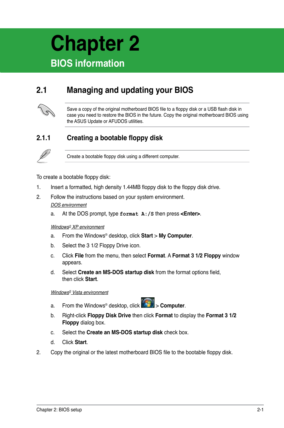 Chapter 2: bios information, 1 managing and updating your bios, 1 creating a bootable floppy disk | Bios information, Managing and updating your bios -1 2.1.1, Creating a bootable floppy disk -1, Chapter 2 | Asus M3A78 User Manual | Page 37 / 58