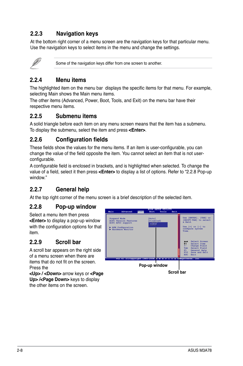 3 navigation keys, 4 menu items, 5 submenu items | 6 configuration fields, 7 general help, 8 pop-up window, 9 scroll bar, Navigation keys -8, Menu items -8, Submenu items -8 | Asus M3A78 User Manual | Page 44 / 58