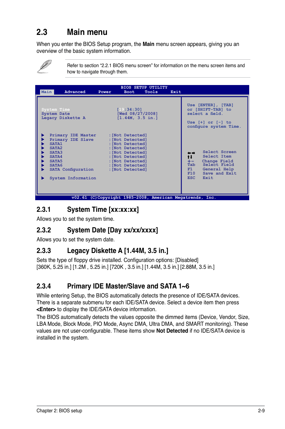 3 main menu, 1 system time, 2 system date | 3 legacy diskette a, 4 primary ide master/slave and sata 1~6, Main menu -9 2.3.1, System time -9, System date -9, Legacy diskette a -9, Primary ide master/slave and sata 1~6 -9 | Asus M3A78 User Manual | Page 45 / 58