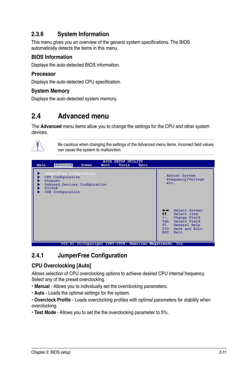 6 system information, 4 advanced menu, 1 jumperfree configuration | System information -11, Advanced menu -11 2.4.1, Jumperfree configuration -11 | Asus M3A78 User Manual | Page 47 / 58