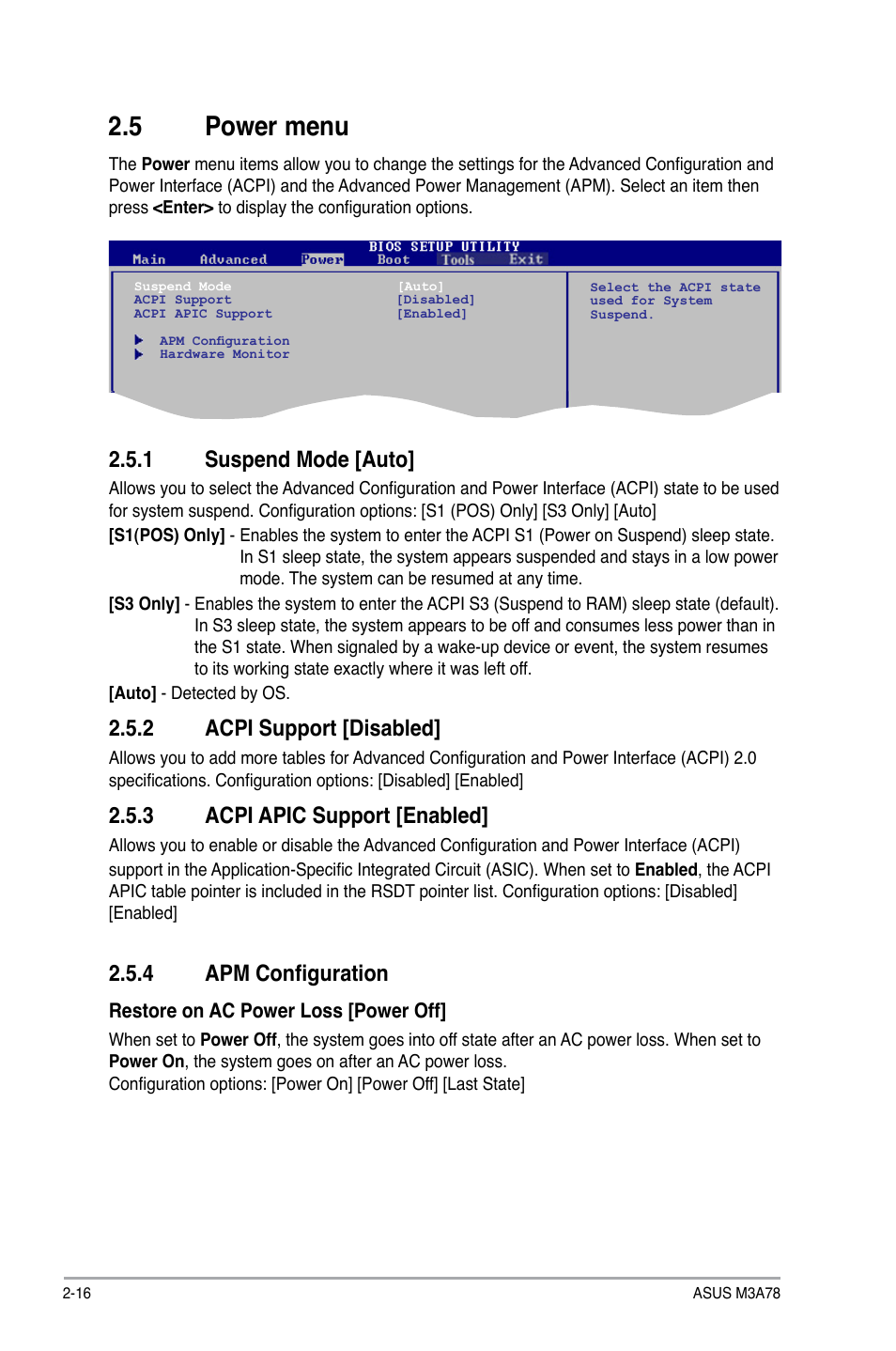 5 power menu, 1 suspend mode, 2 acpi support | 3 acpi apic support, 4 apm configuration, Power menu -16, Suspend mode -16, Acpi support -16, Acpi apic support -16, Apm configuration -16 | Asus M3A78 User Manual | Page 52 / 58