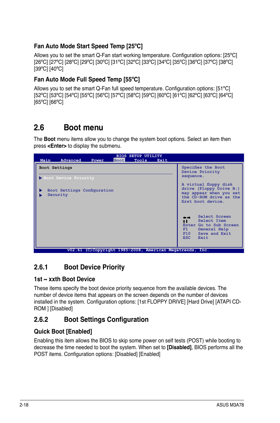 6 boot menu, 1 boot device priority, 2 boot settings configuration | Boot menu -18 2.6.1, Boot device priority -18, Boot settings configuration -18, 1st ~ xxth boot device, Quick boot [enabled, Fan auto mode start speed temp [25ºc, Fan auto mode full speed temp [55ºc | Asus M3A78 User Manual | Page 54 / 58