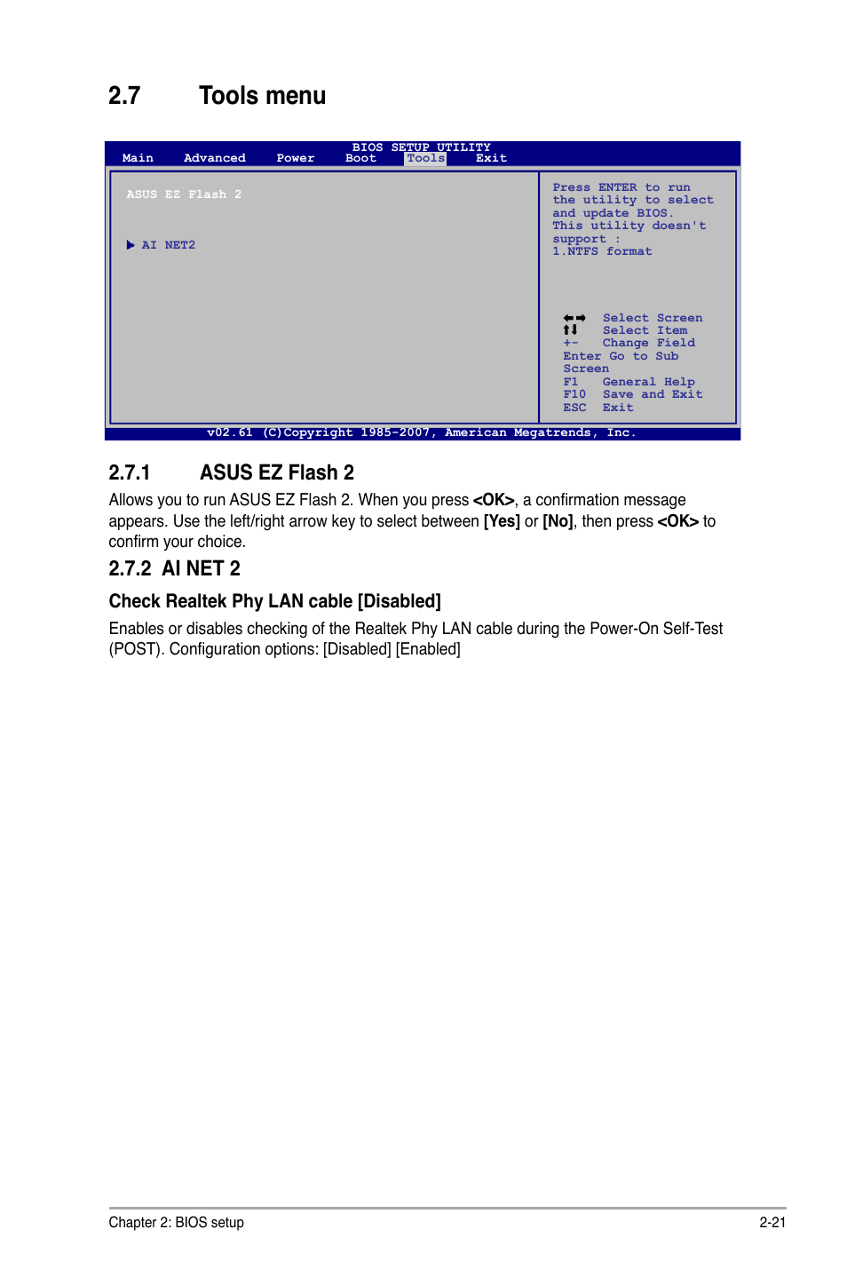 7 tools menu, 1 asus ez flash 2, Tools menu -21 2.7.1 | Asus ez flash 2 -21, 2 ai net 2, Check realtek phy lan cable [disabled | Asus M3A78 User Manual | Page 57 / 58