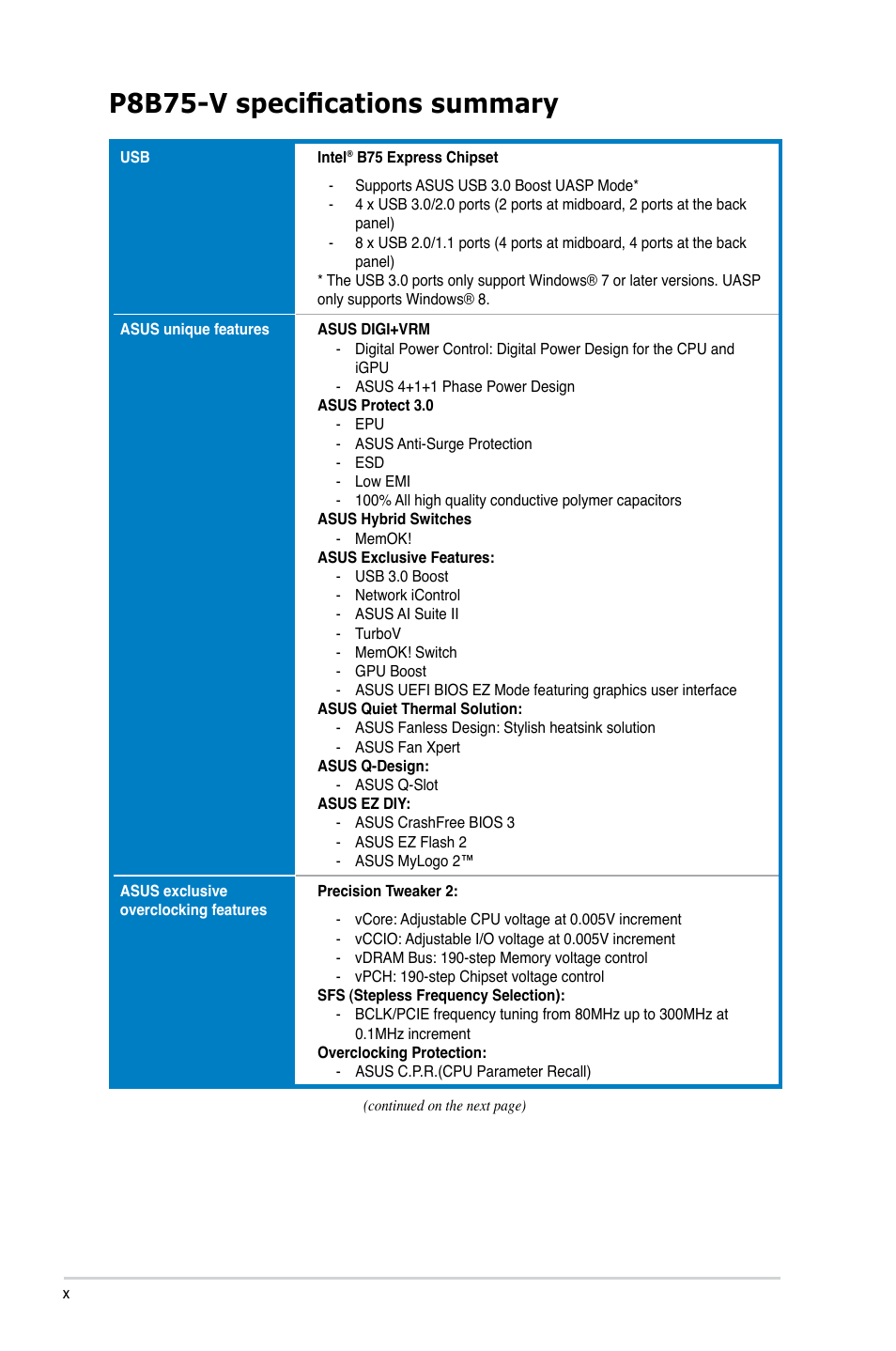 P8b75-v specifications summary | Asus P8B75-V User Manual | Page 10 / 136