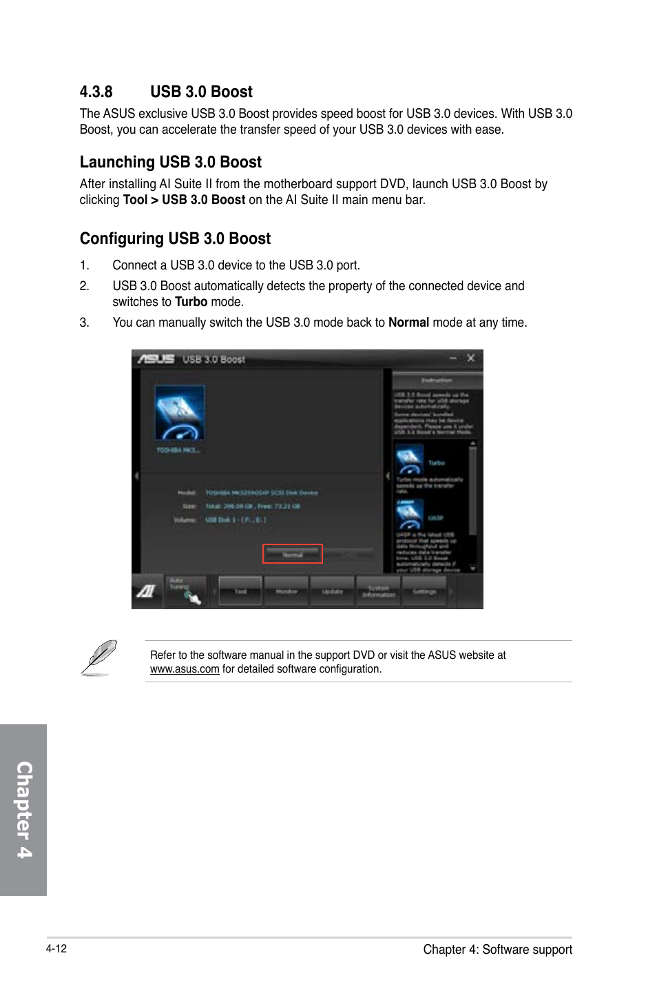 8 usb 3.0 boost, Usb 3.0 boost -12, Chapter 4 | Launching usb 3.0 boost, Configuring usb 3.0 boost | Asus P8B75-V User Manual | Page 108 / 136