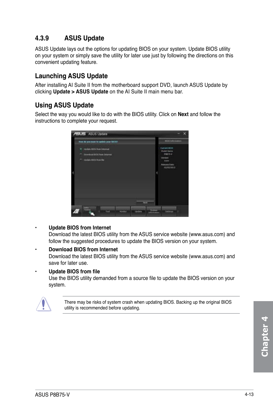 9 asus update, Asus update -13, Chapter 4 | Launching asus update, Using asus update | Asus P8B75-V User Manual | Page 109 / 136