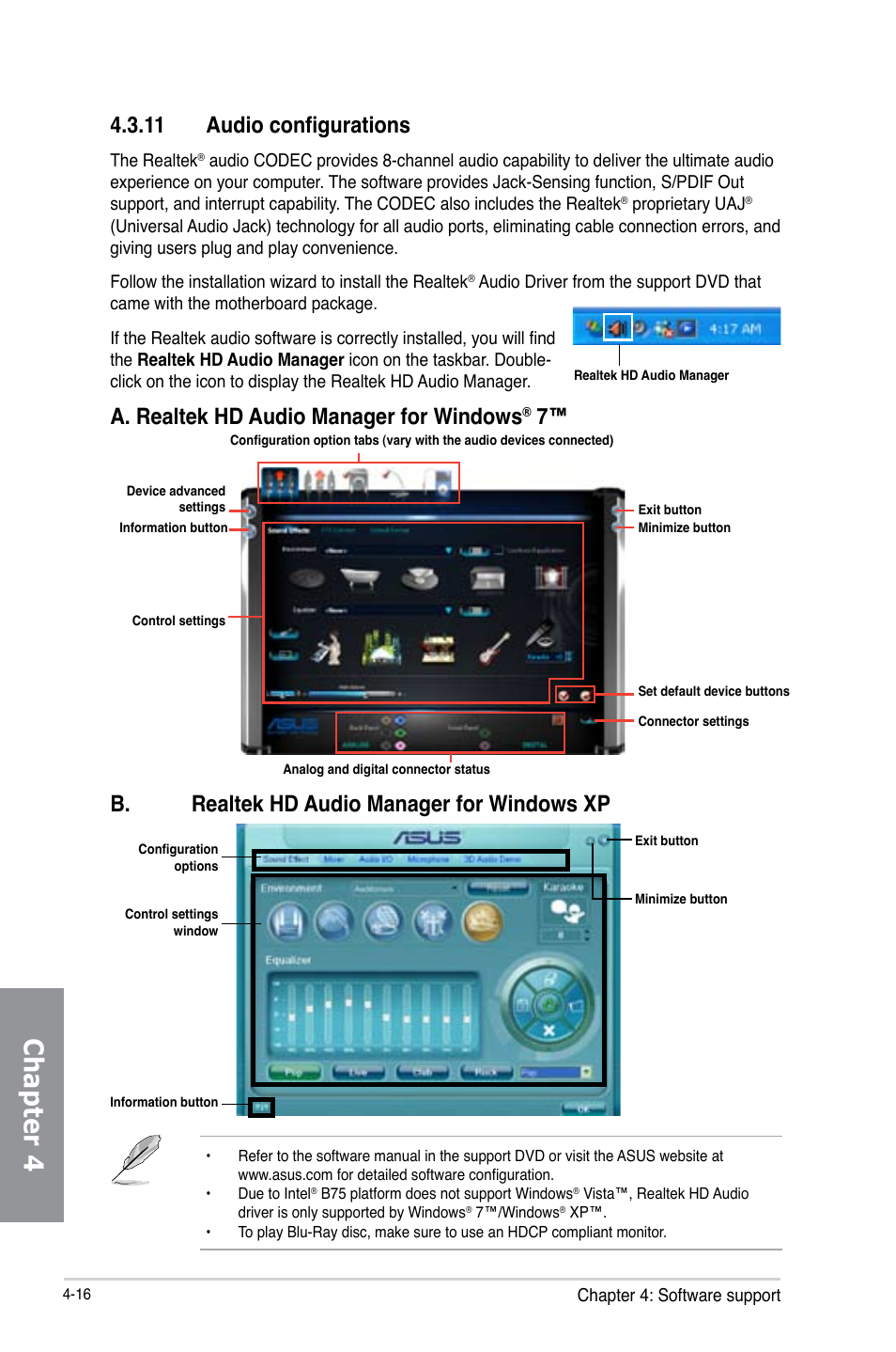 11 audio configurations, 11 audio configurations -16, Chapter 4 | B. realtek hd audio manager for windows xp, A. realtek hd audio manager for windows | Asus P8B75-V User Manual | Page 112 / 136