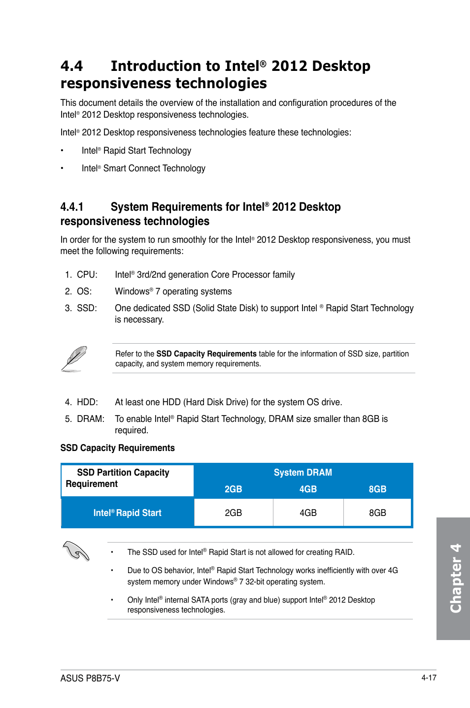 Introduction to intel, 2012 desktop responsiveness technologies -17, System requirements -17 | Chapter 4 4.4 introduction to intel, 2012 desktop responsiveness technologies, 1 system requirements for intel | Asus P8B75-V User Manual | Page 113 / 136