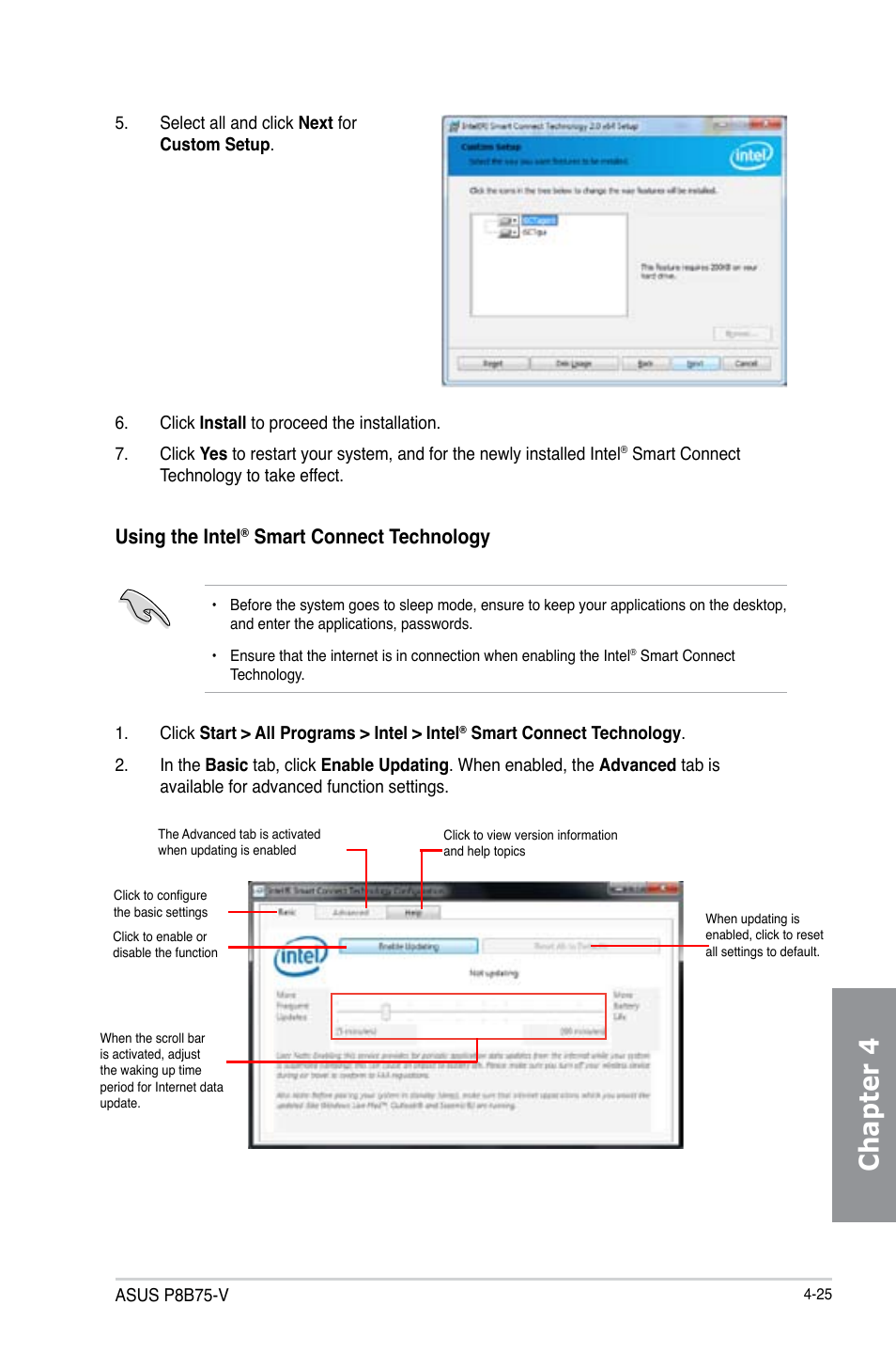 Chapter 4, Using the intel, Smart connect technology | Asus P8B75-V User Manual | Page 121 / 136