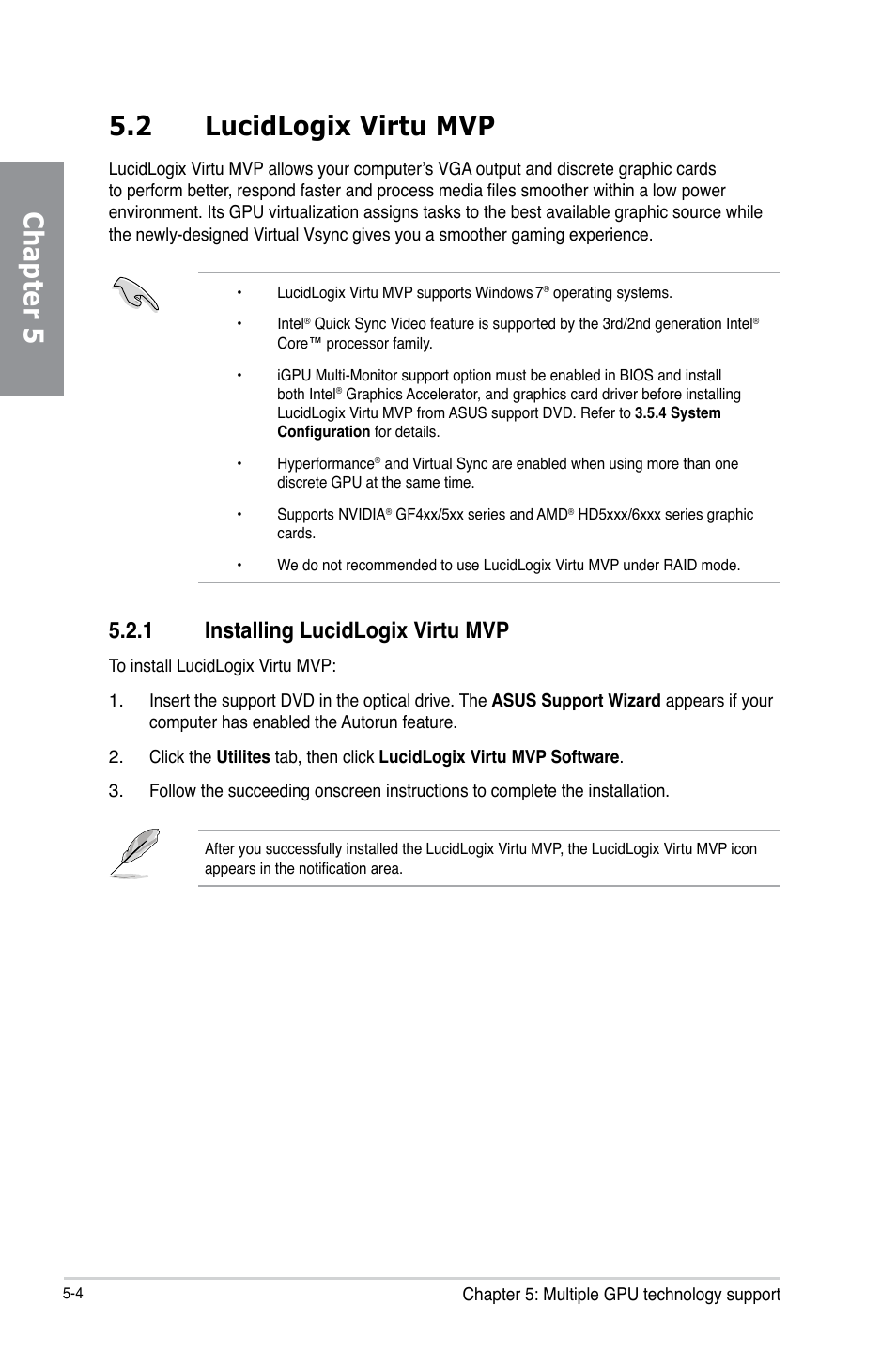 2 lucidlogix virtu mvp, 1 installing lucidlogix virtu mvp, Lucidlogix virtu mvp -4 | Installing lucidlogix virtu mvp -4, Chapter 5 5.2 lucidlogix virtu mvp | Asus P8B75-V User Manual | Page 126 / 136