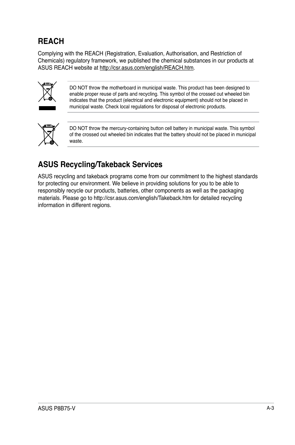 Reach, Asus recycling/takeback services | Asus P8B75-V User Manual | Page 133 / 136