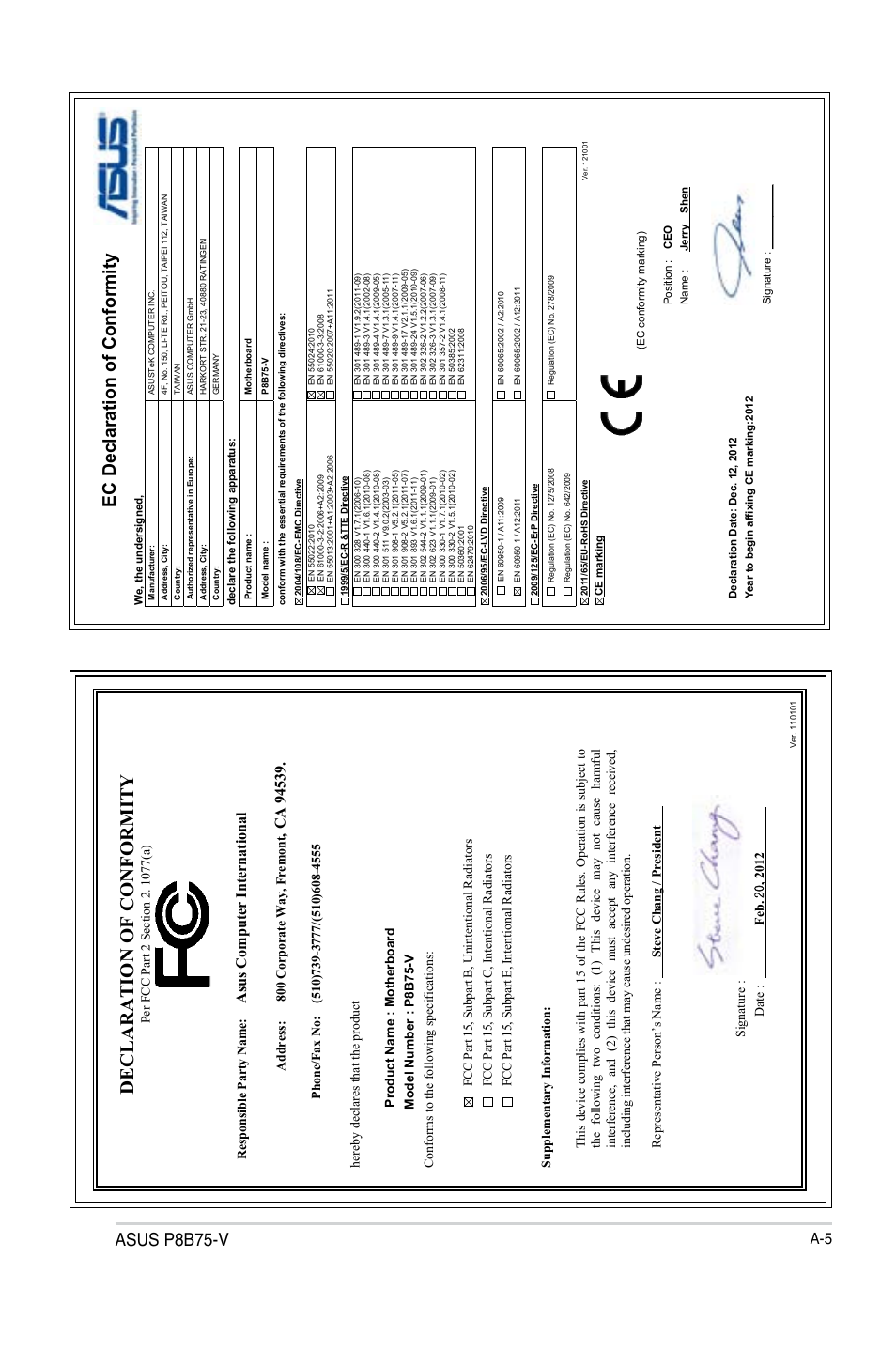 Declaration of conformity, Asus p8b75-v, Ec declaration of conformity | Asu s c om pu te r in te rn at io na l | Asus P8B75-V User Manual | Page 135 / 136