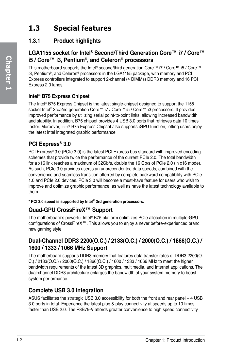 3 special features, 1 product highlights, Special features -2 | Product highlights -2, Chapter 1 1.3 special features, And celeron, Processors, Pci express, Quad-gpu crossfirex™ support, Complete usb 3.0 integration | Asus P8B75-V User Manual | Page 14 / 136