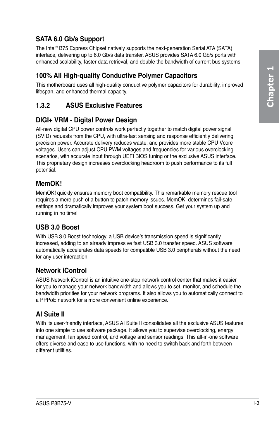 2 asus exclusive features, Asus exclusive features -3, Chapter 1 | Sata 6.0 gb/s support, Usb 3.0 boost, Network icontrol, Ai suite ii | Asus P8B75-V User Manual | Page 15 / 136