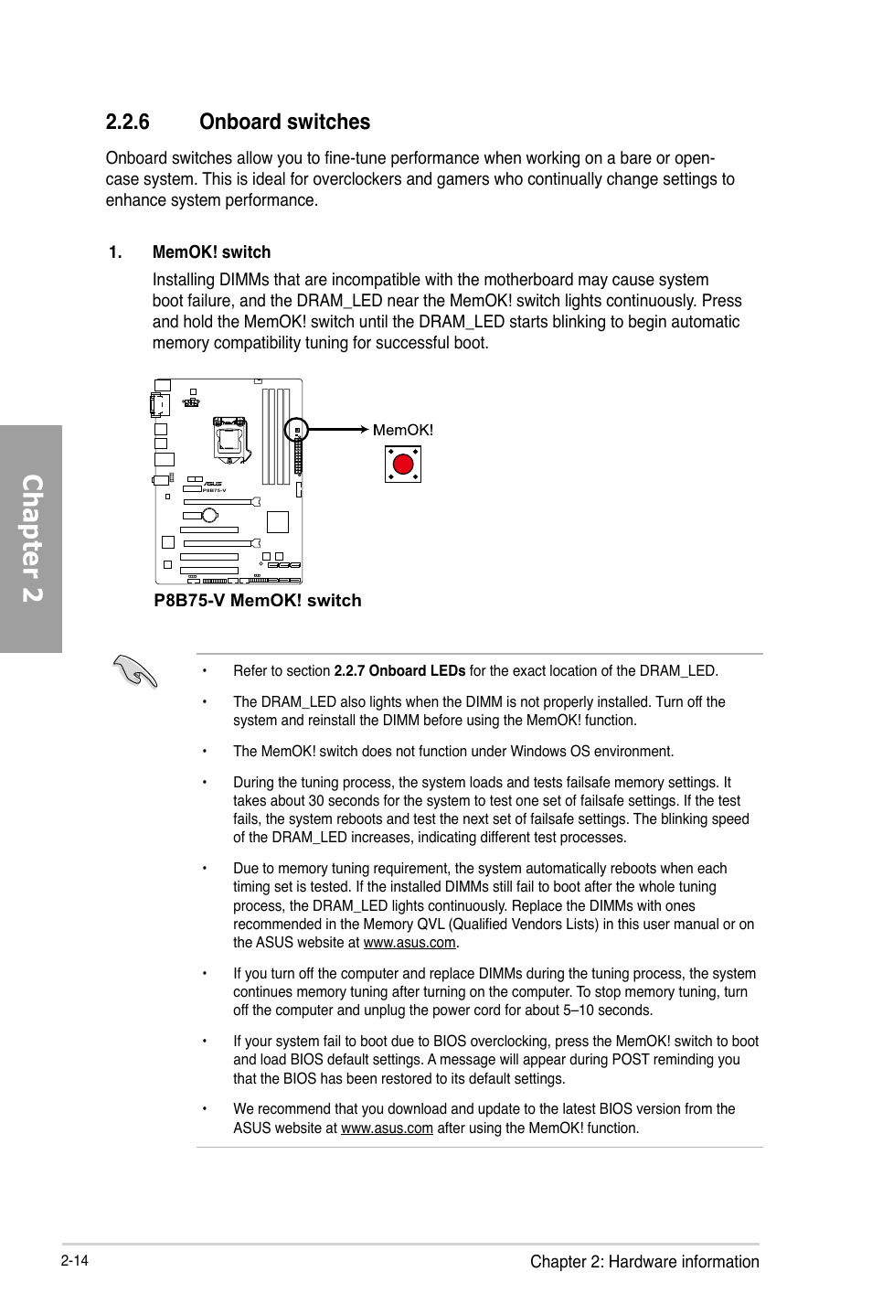 6 onboard switches, Onboard switches -14, Chapter 2 | Asus P8B75-V User Manual | Page 32 / 136