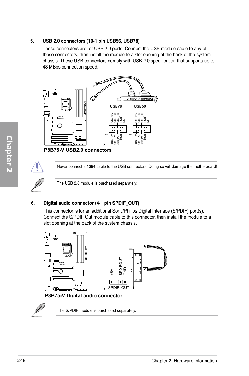 Chapter 2, Chapter 2: hardware information, P8b75-v digital audio connector | Asus P8B75-V User Manual | Page 36 / 136