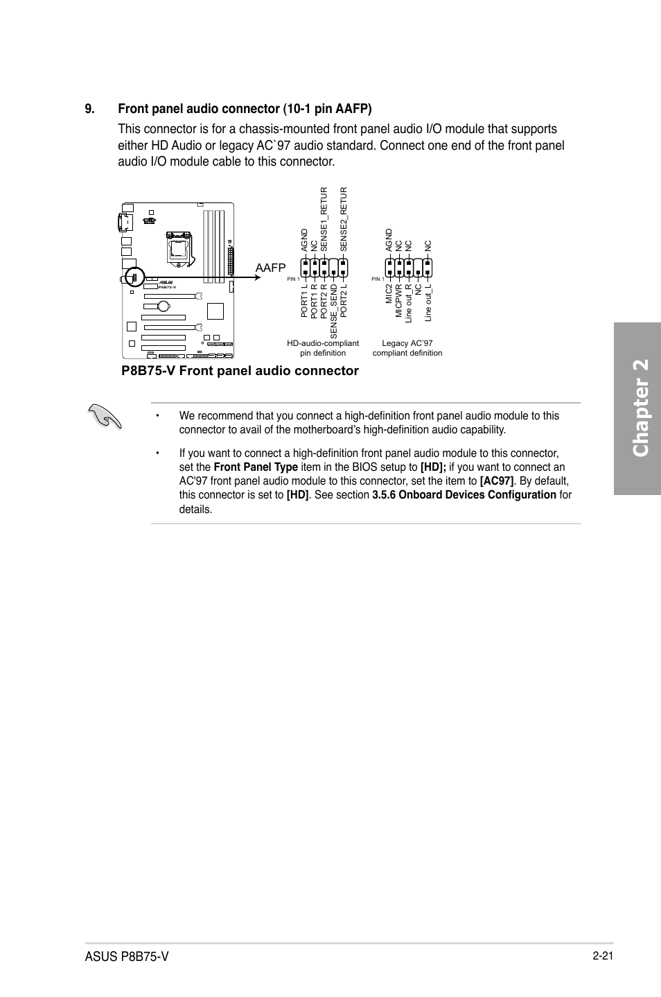 Chapter 2, Asus p8b75-v, P8b75-v front panel audio connector | Asus P8B75-V User Manual | Page 39 / 136