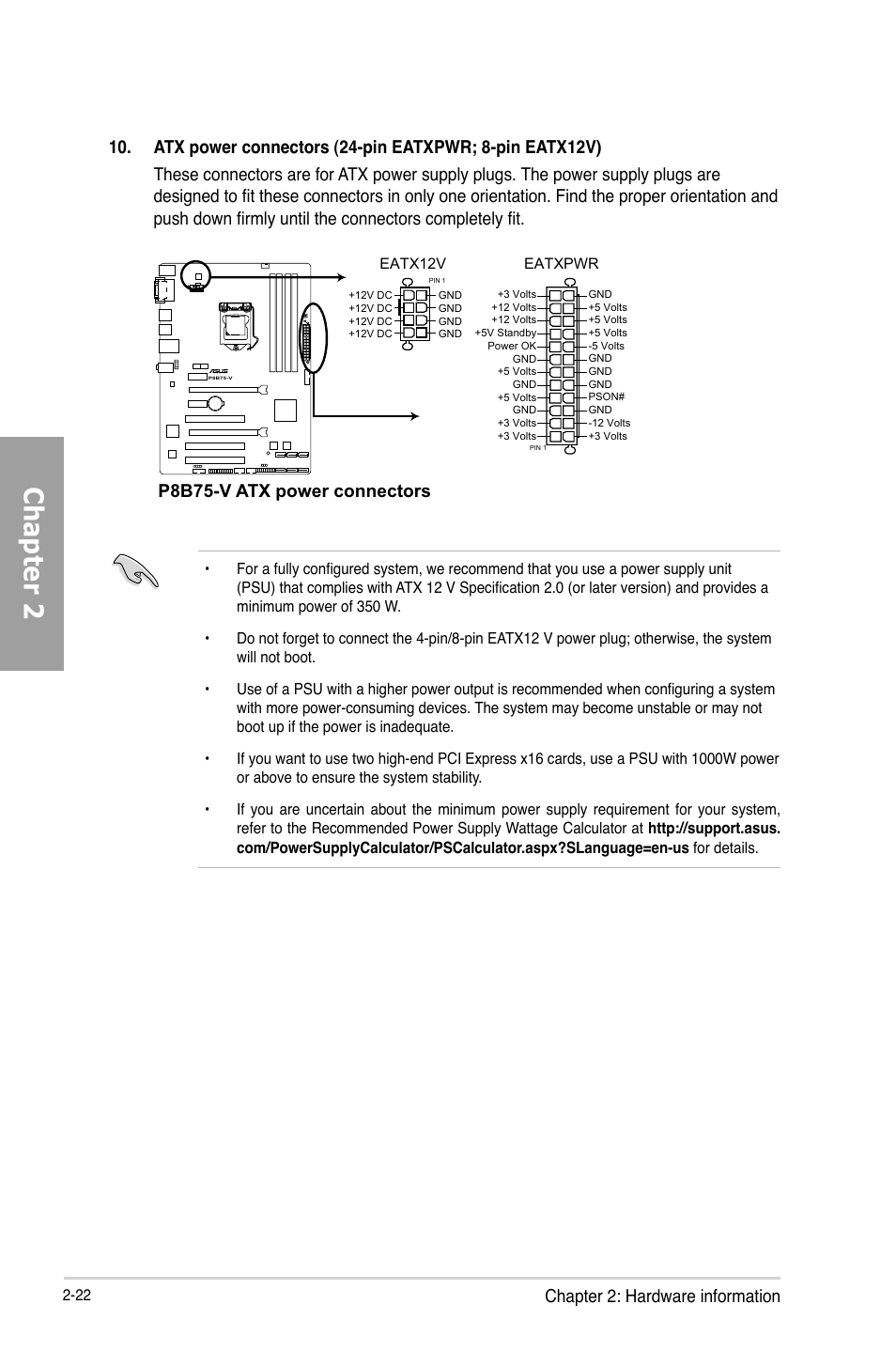 Chapter 2, Chapter 2: hardware information, P8b75-v atx power connectors | Asus P8B75-V User Manual | Page 40 / 136