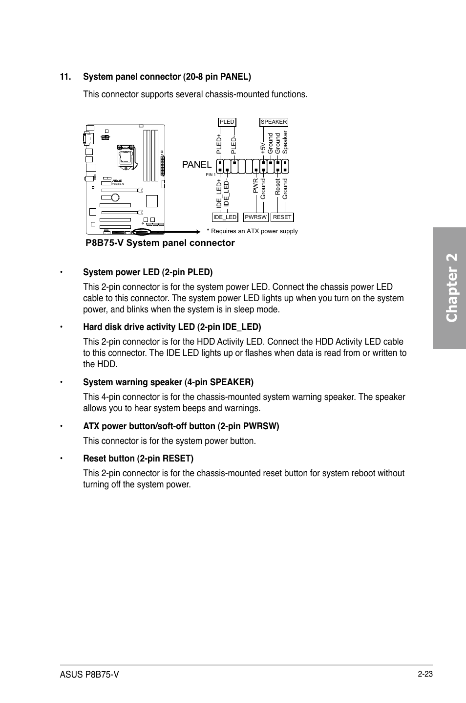 Chapter 2, Asus p8b75-v, P8b75-v system panel connector | Panel | Asus P8B75-V User Manual | Page 41 / 136