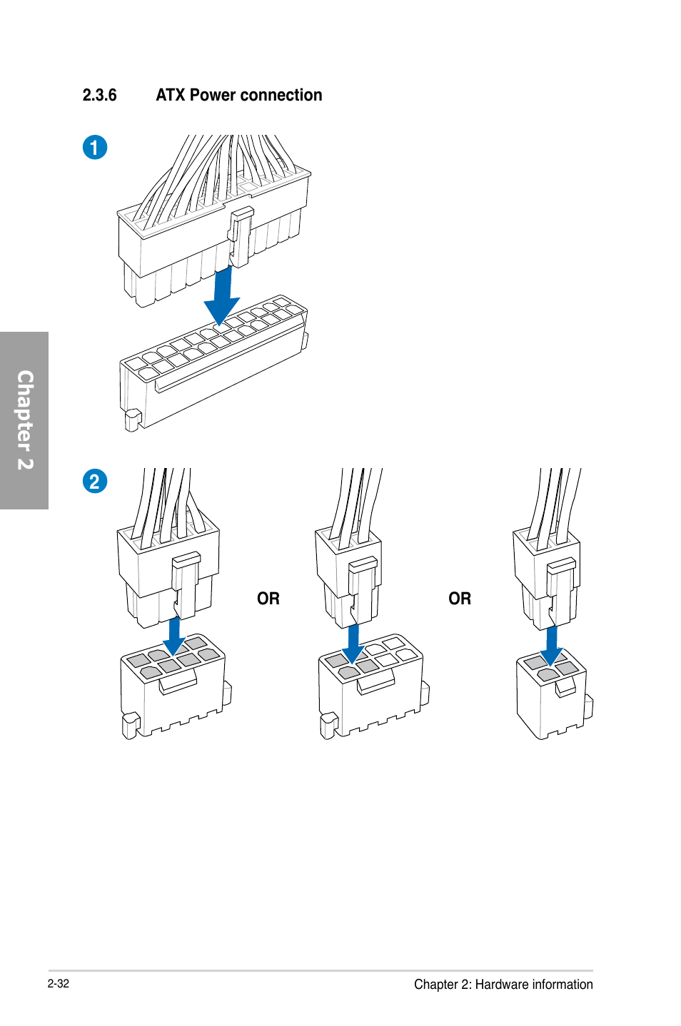 6 atx power connection, Atx power connection -32, Chapter 2 | Asus P8B75-V User Manual | Page 50 / 136