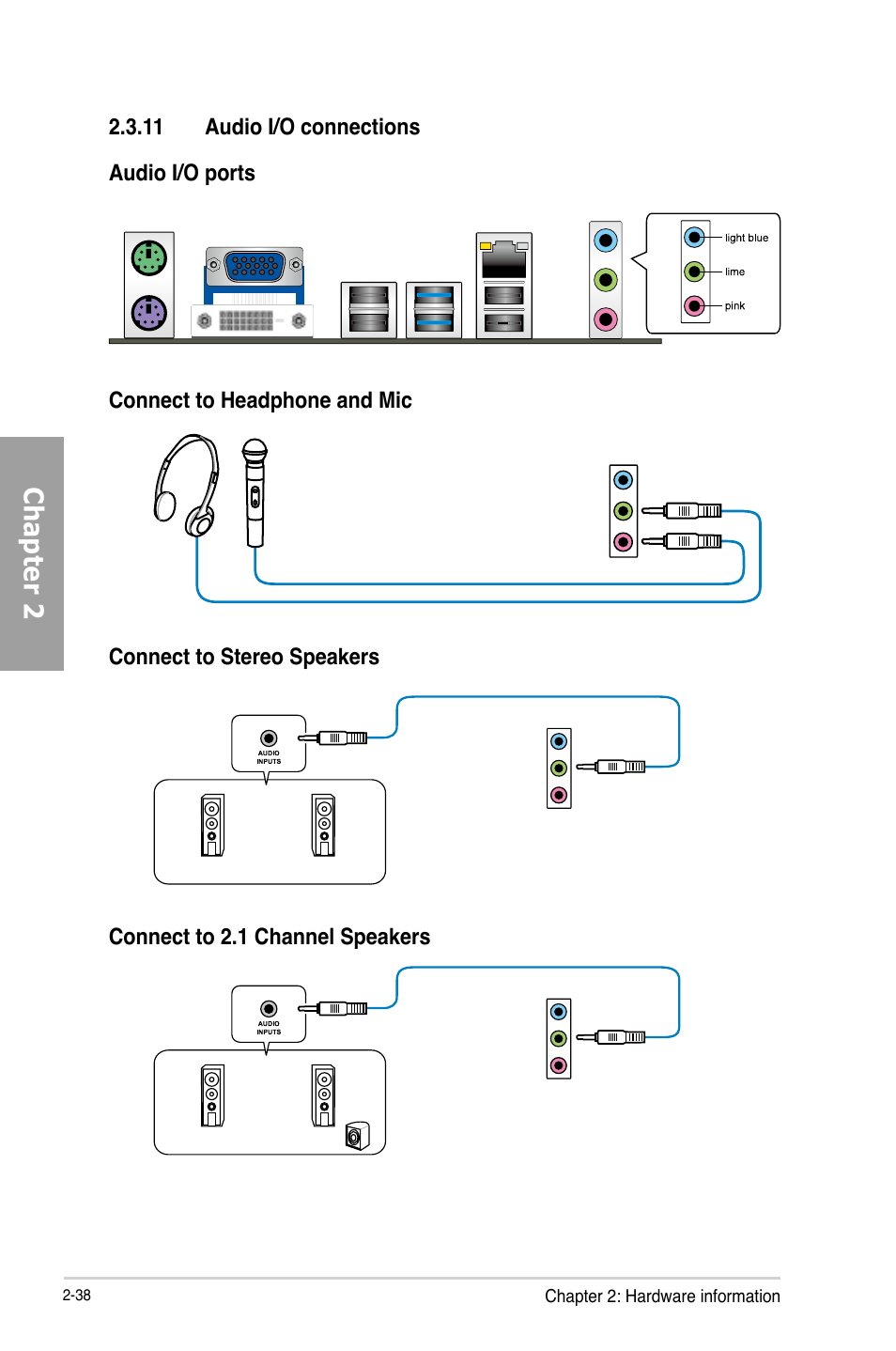 11 audio i/o connections, 11 audio i/o connections -38, Chapter 2 | Asus P8B75-V User Manual | Page 56 / 136