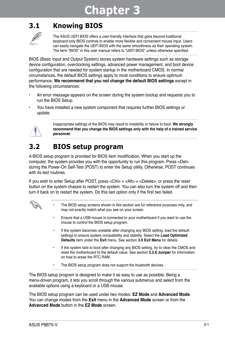 Chapter 3: bios setup, 1 knowing bios, 2 bios setup program | Chapter 3, Bios setup, Knowing bios -1, Bios setup program -1 | Asus P8B75-V User Manual | Page 59 / 136