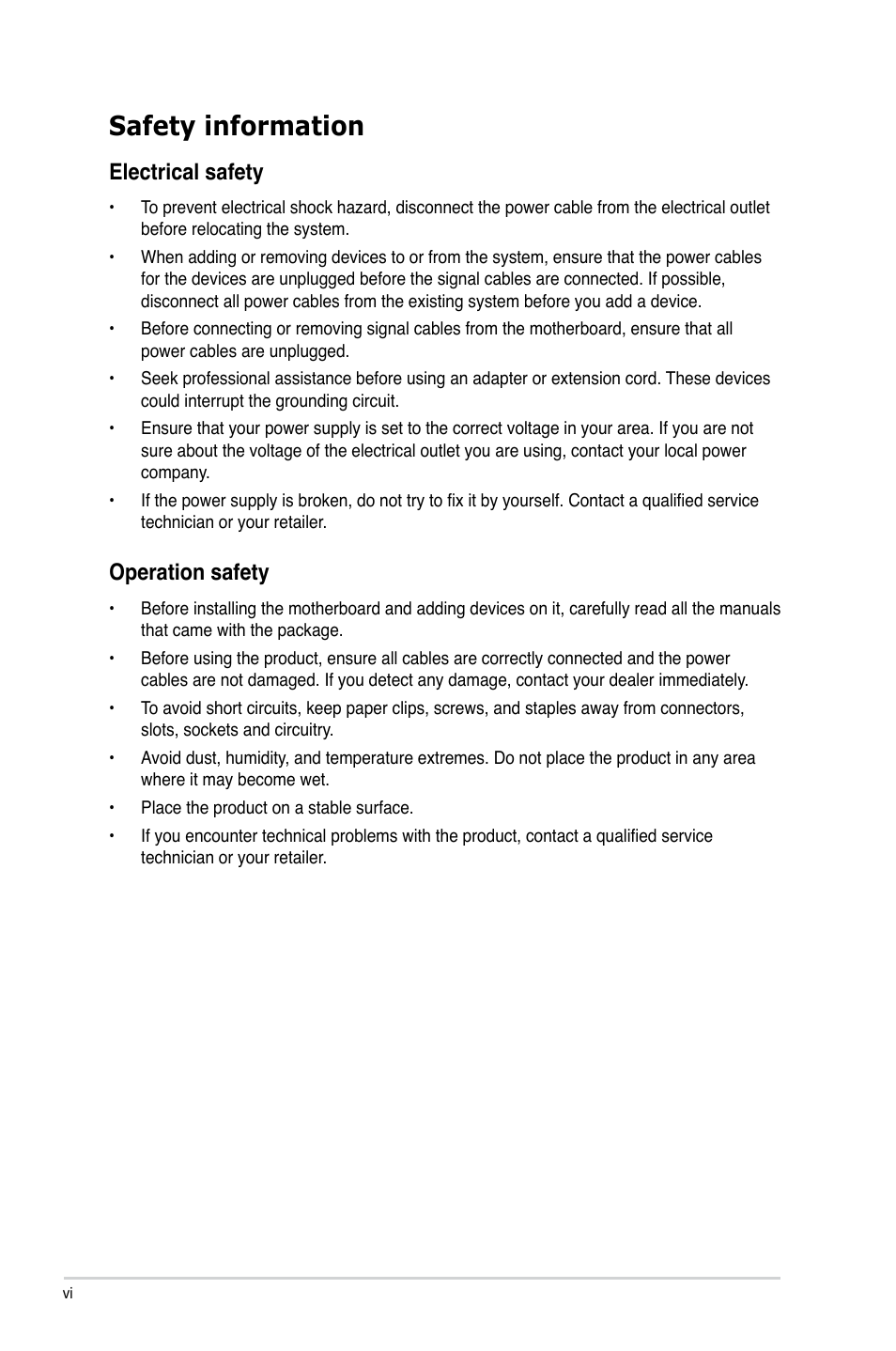 Safety information, Electrical safety, Operation safety | Asus P8B75-V User Manual | Page 6 / 136