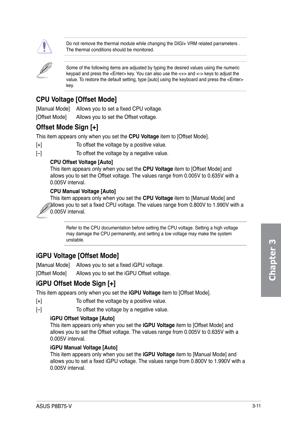 Chapter 3, Cpu voltage [offset mode, Offset mode sign | Igpu voltage [offset mode, Igpu offset mode sign | Asus P8B75-V User Manual | Page 69 / 136