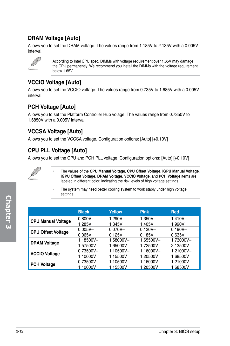 Chapter 3, Dram voltage [auto, Vccio voltage [auto | Pch voltage [auto, Vccsa voltage [auto, Cpu pll voltage [auto | Asus P8B75-V User Manual | Page 70 / 136