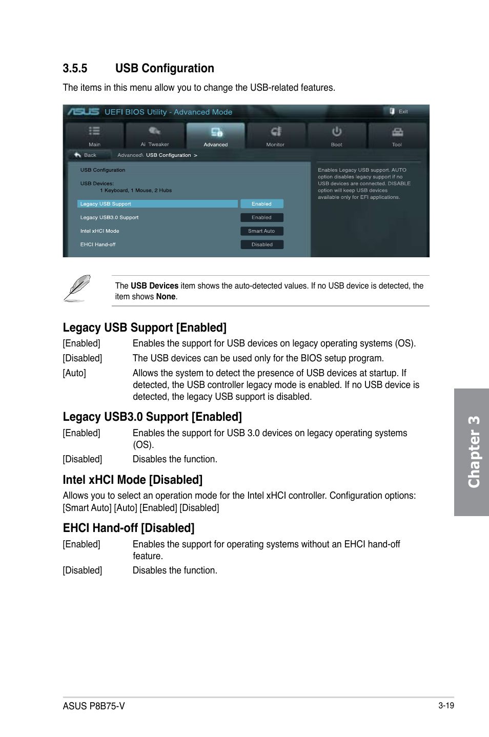 5 usb configuration, Usb configuration -19, Chapter 3 | Legacy usb support [enabled, Legacy usb3.0 support [enabled, Intel xhci mode [disabled, Ehci hand-off [disabled | Asus P8B75-V User Manual | Page 77 / 136
