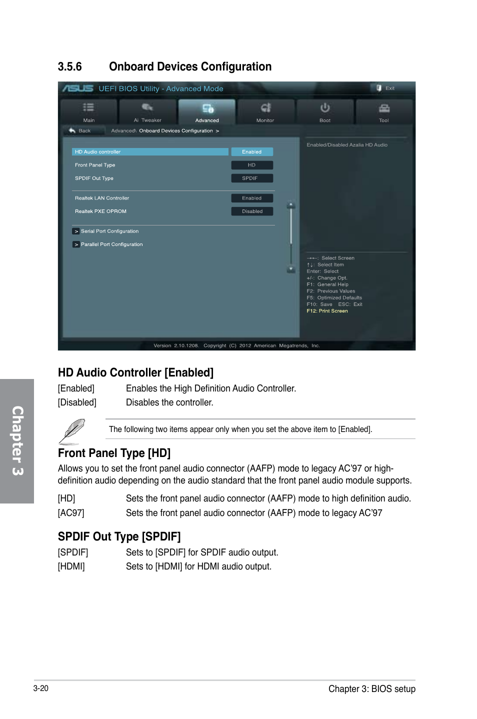 6 onboard devices configuration, Onboard devices configuration -20, Chapter 3 | Hd audio controller [enabled, Front panel type [hd, Spdif out type [spdif | Asus P8B75-V User Manual | Page 78 / 136