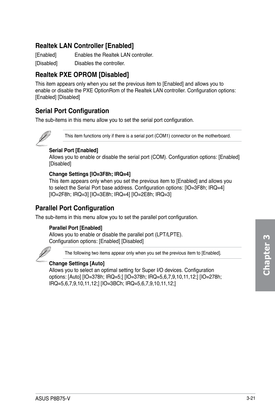 Chapter 3, Realtek lan controller [enabled, Realtek pxe oprom [disabled | Serial port configuration, Parallel port configuration | Asus P8B75-V User Manual | Page 79 / 136