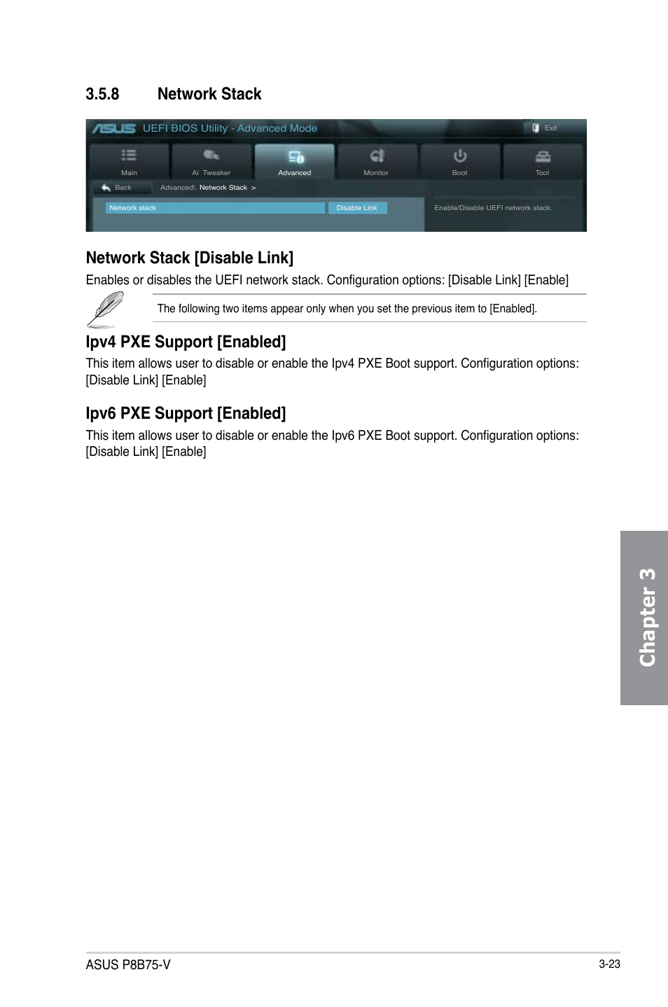 8 network stack, Network stack -23, Chapter 3 | Network stack [disable link, Ipv4 pxe support [enabled, Ipv6 pxe support [enabled, Asus p8b75-v | Asus P8B75-V User Manual | Page 81 / 136