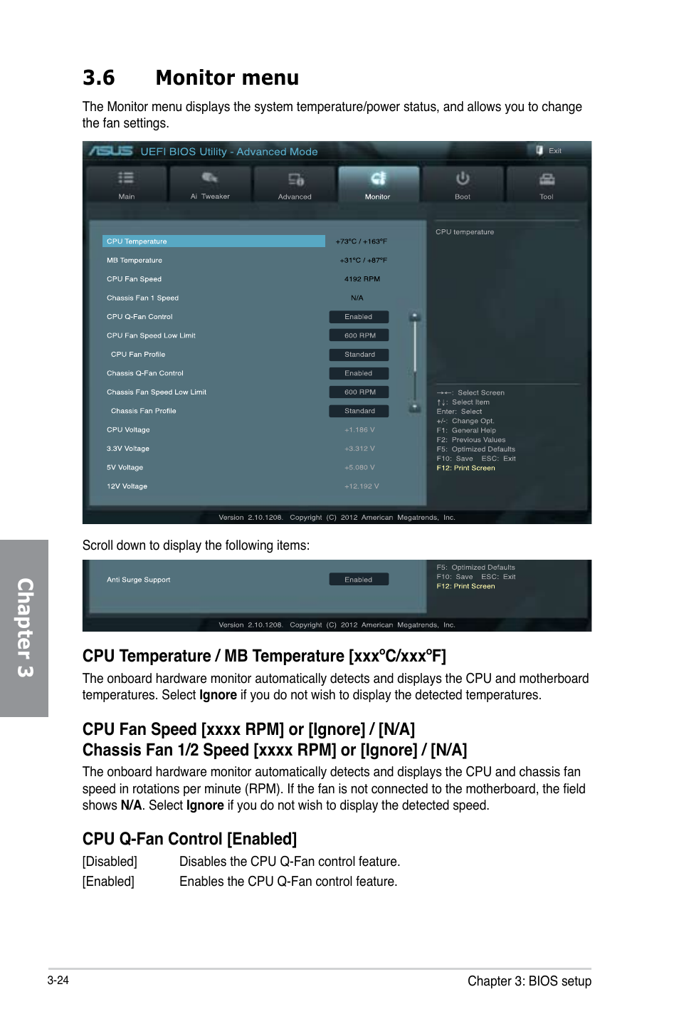 6 monitor menu, Monitor menu -24, Chapter 3 3.6 monitor menu | Asus P8B75-V User Manual | Page 82 / 136