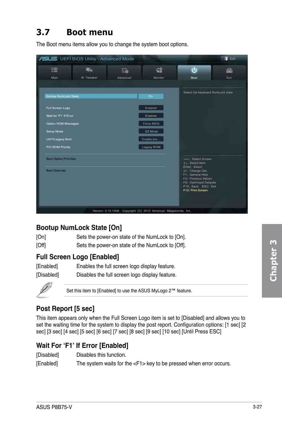 7 boot menu, Boot menu -27, Chapter 3 3.7 boot menu | Bootup numlock state [on, Full screen logo [enabled, Post report [5 sec, Wait for ‘f1’ if error [enabled | Asus P8B75-V User Manual | Page 85 / 136