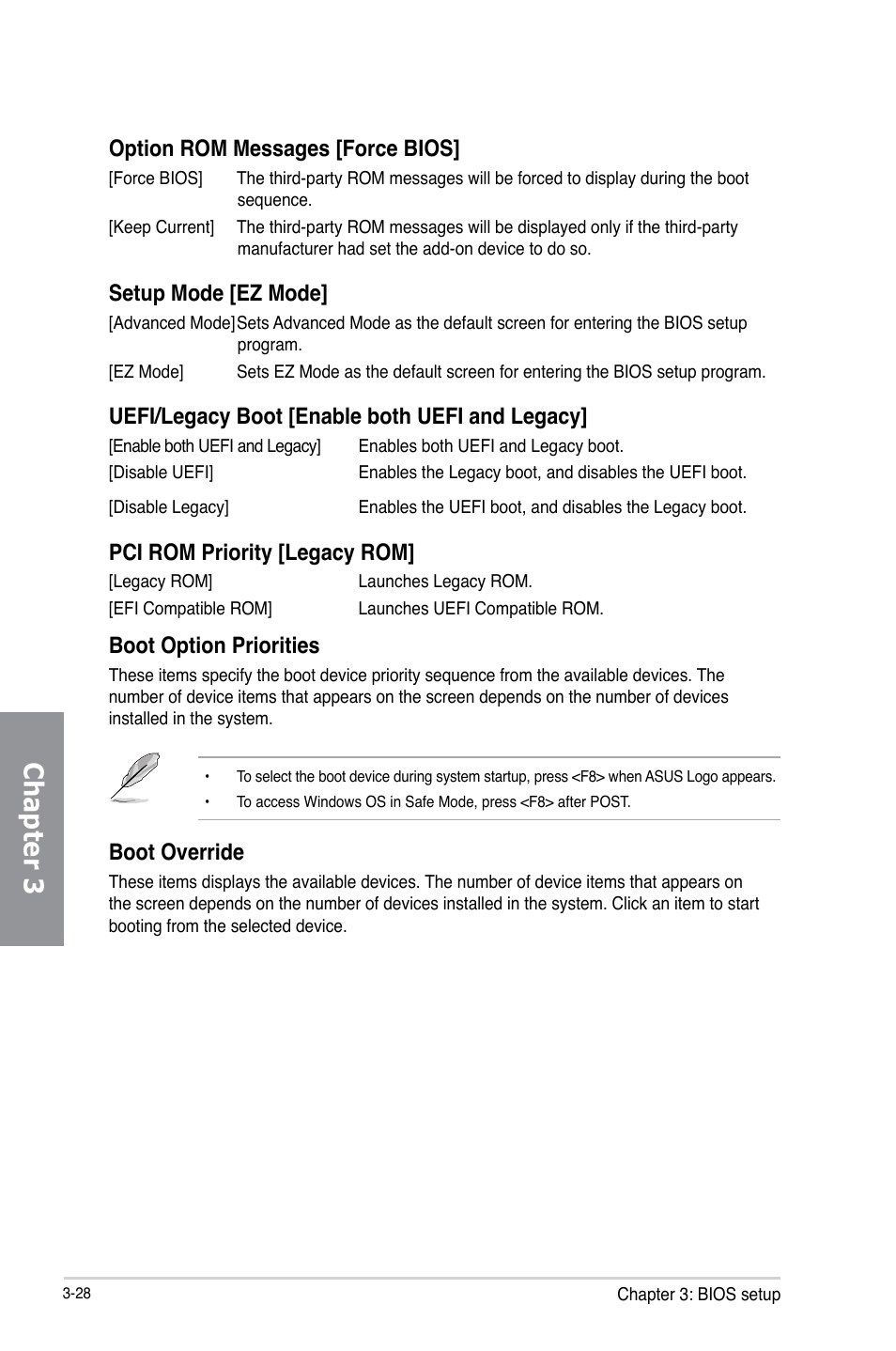 Chapter 3, Option rom messages [force bios, Setup mode [ez mode | Uefi/legacy boot [enable both uefi and legacy, Pci rom priority [legacy rom, Boot option priorities, Boot override | Asus P8B75-V User Manual | Page 86 / 136