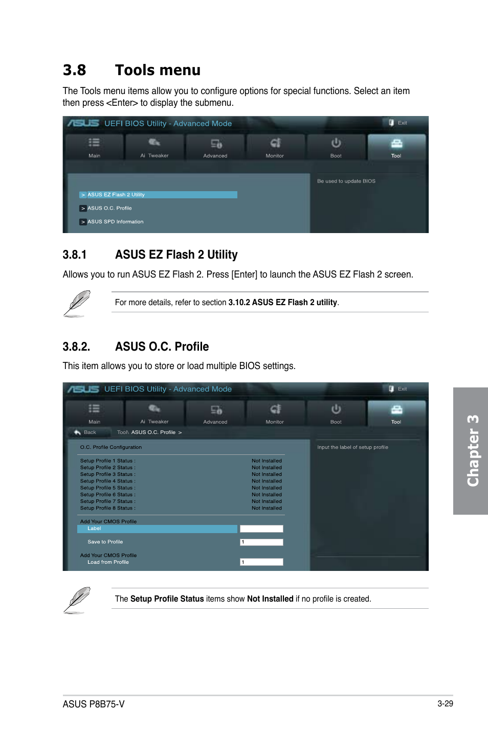 8 tools menu, 1 asus ez flash 2 utility, Asus o.c. profile | Tools menu -29, Asus ez flash 2 utility -29, Asus o.c. profile -29, Chapter 3 3.8 tools menu | Asus P8B75-V User Manual | Page 87 / 136