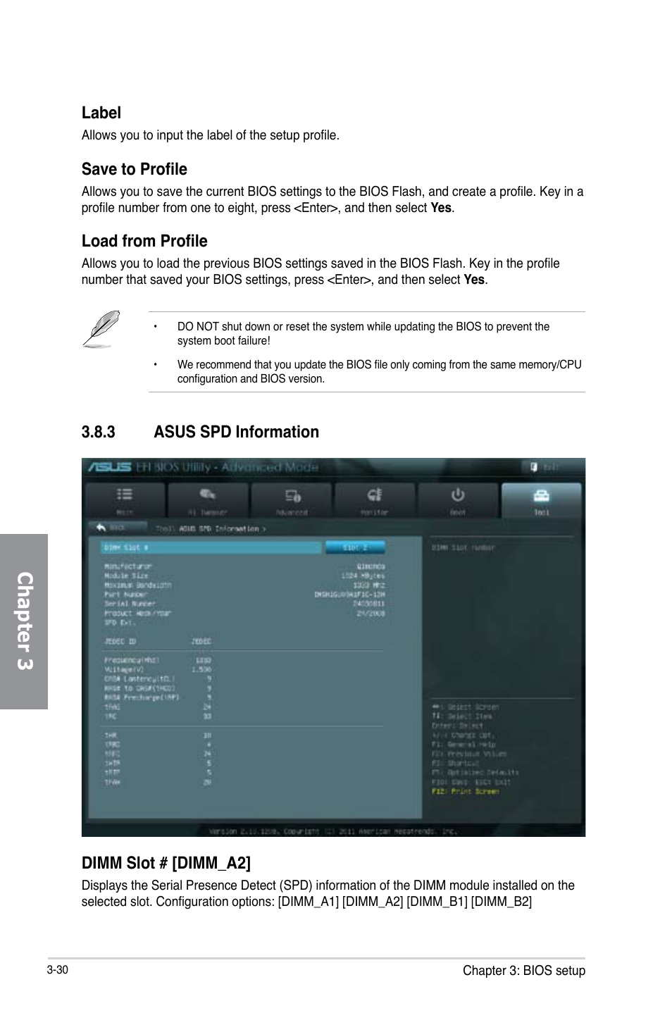 3 asus spd information, Asus spd information -30, Chapter 3 | Label, Save to profile, Load from profile, 3 asus spd information dimm slot # [dimm_a2 | Asus P8B75-V User Manual | Page 88 / 136