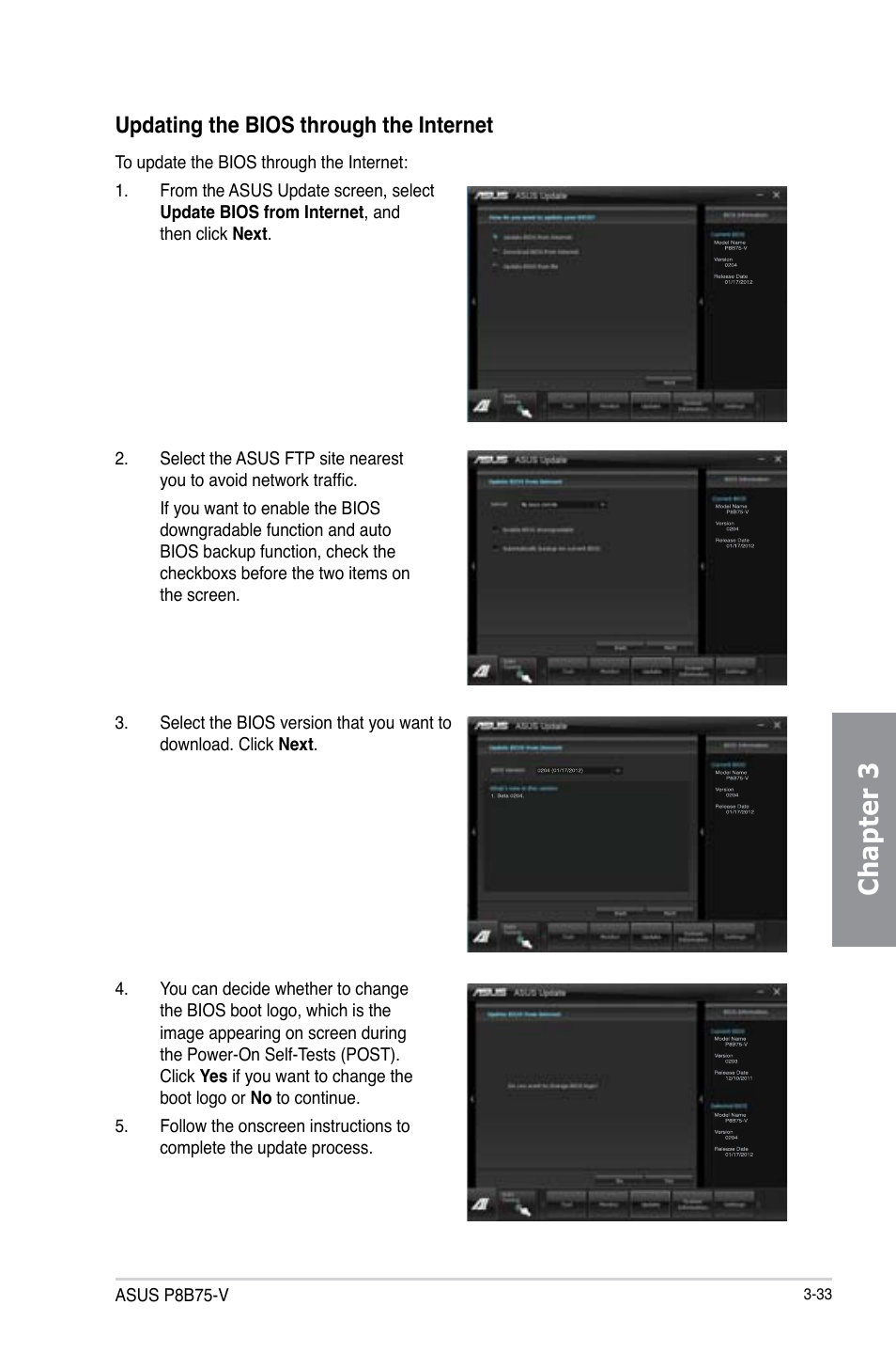 Chapter 3, Updating the bios through the internet | Asus P8B75-V User Manual | Page 91 / 136