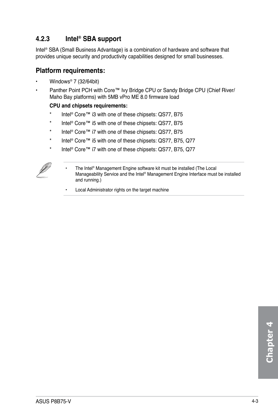 3 intel® sba support, Intel, Sba support -3 | Chapter 4, 3 intel, Sba support, Platform requirements | Asus P8B75-V User Manual | Page 99 / 136