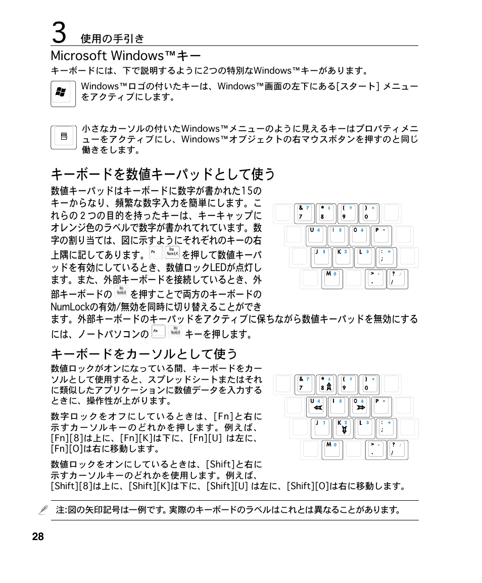 キーボードを数値キーパッドとして使う, Microsoft windows ™キー, キーボードをカーソルとして使う | Asus A4S User Manual | Page 28 / 72