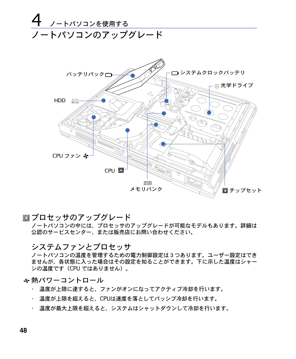 ノートパソコンのアップグレード, システムファンとプロセッサ, プロセッサのアップグレード | Asus A4S User Manual | Page 48 / 72