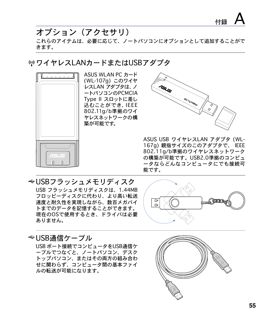 オプション（アクセサリ, ワイヤレスlanカードまたはusbアダプタ usb通信ケーブル, Usbフラッシュメモリディスク | Asus A4S User Manual | Page 55 / 72