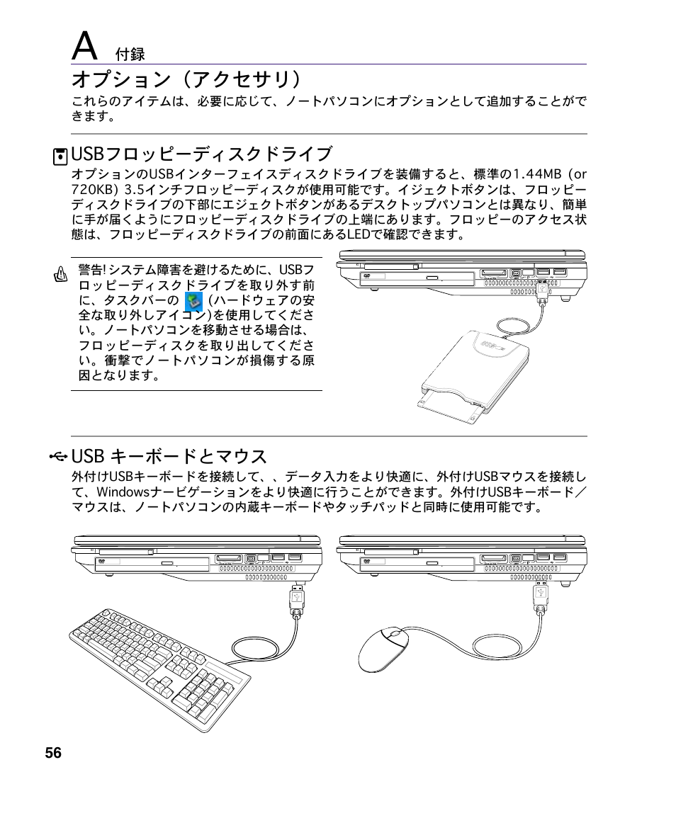 オプション（アクセサリ, Usbフロッピーディスクドライブ, Usb キーボードとマウス | Asus A4S User Manual | Page 56 / 72