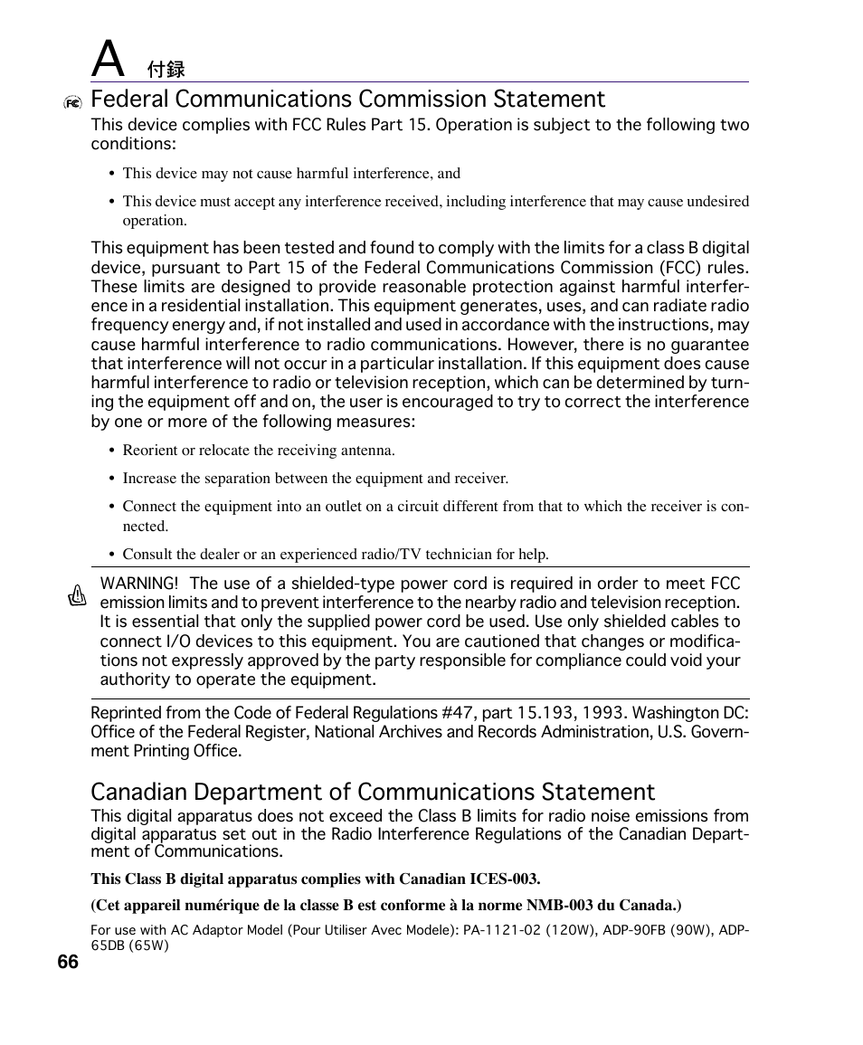 Canadian department of communications statement, Federal communications commission statement | Asus A4S User Manual | Page 66 / 72