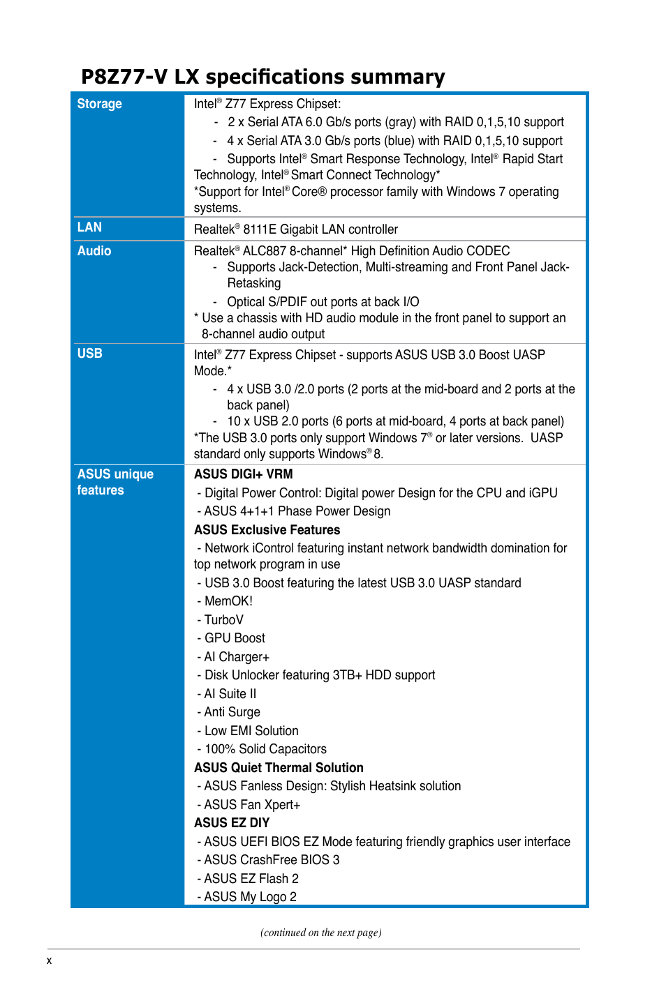 P8z77-v lx specifications summary | Asus P8Z77-V LX User Manual | Page 10 / 142