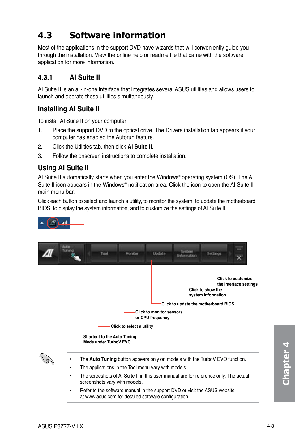 Chapter 4 4.3 software information, 1 ai suite ii, Installing ai suite ii | Using ai suite ii | Asus P8Z77-V LX User Manual | Page 102 / 142