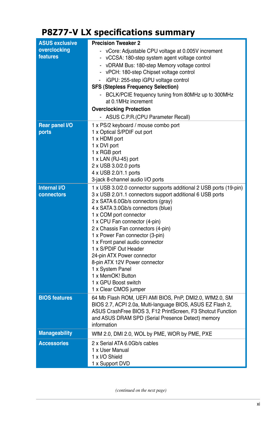 P8z77-v lx specifications summary | Asus P8Z77-V LX User Manual | Page 11 / 142